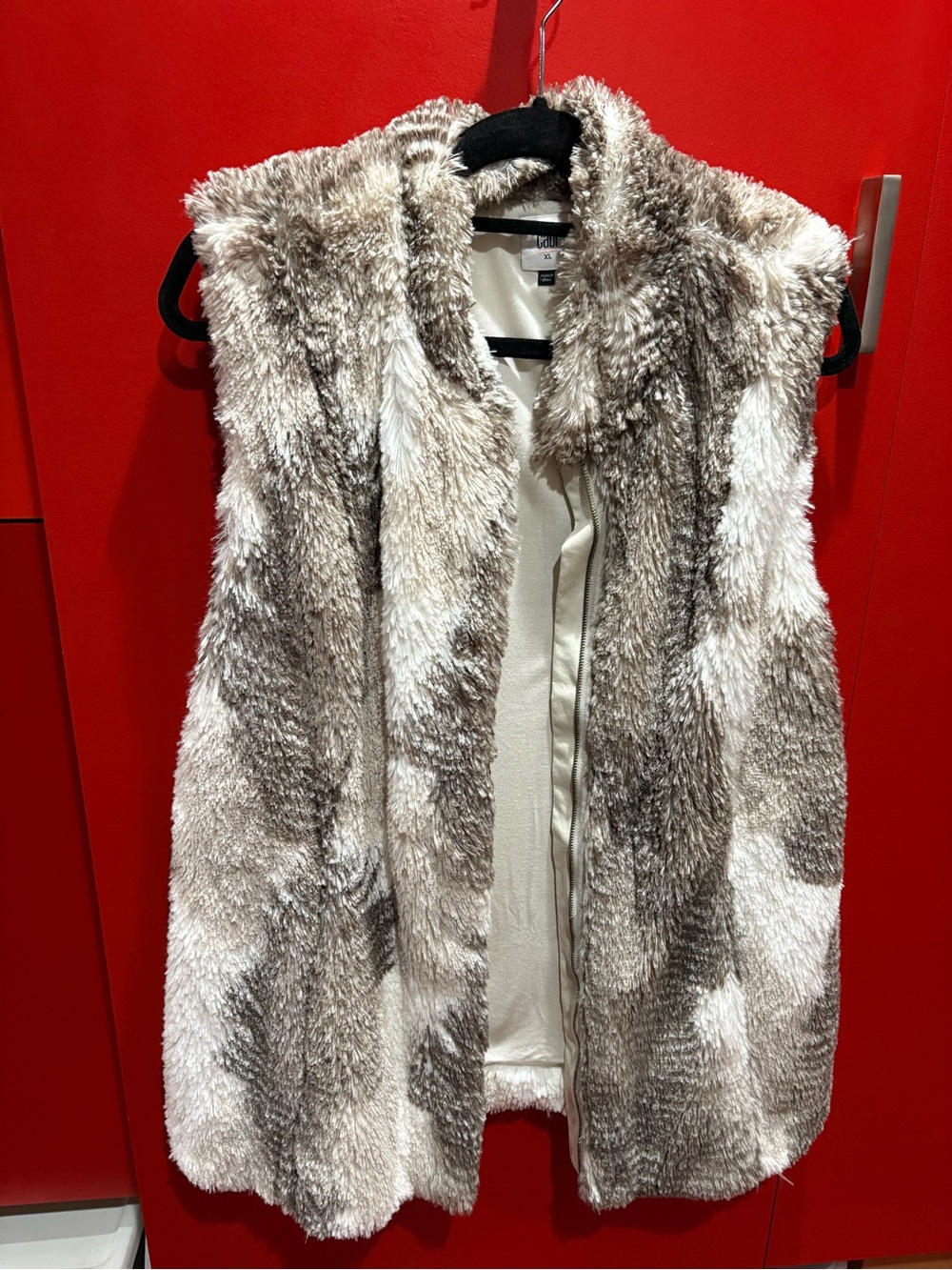 CAbi Faux Fur Vest in Cream and Brown